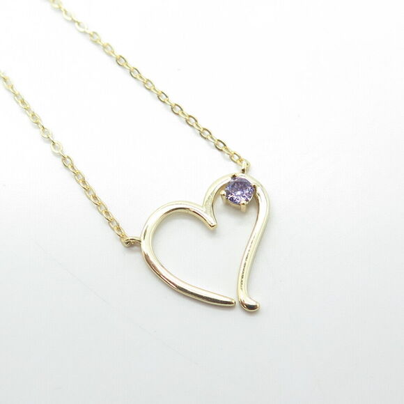 925 Sterling Silver Gold Plated Amethyst Gem Open Heart Cable Chain Necklace 18" - Picture 4 of 7